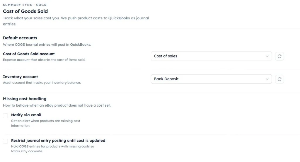 SyncTools Cost of Goods Sold settings showing default COGS and inventory accounts and missing cost handling options