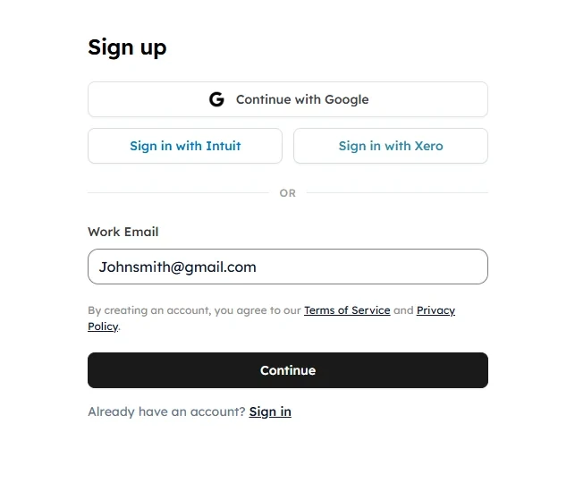SyncTools sign up form with work email field and Continue button, plus Google, Intuit, and Xero sign-in options