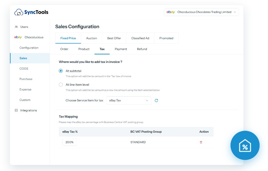 Configure tax settings in SyncTools for Shopify to Business Central sync with subtotal or line item tax and tax rate mapping options