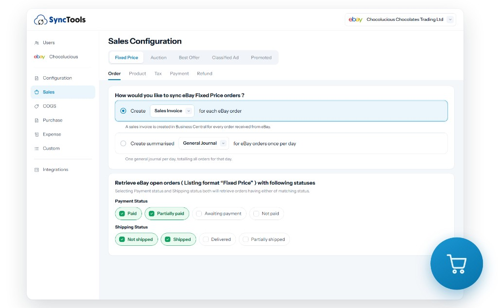 SyncTools sales configuration for Shopify manual orders with individual or summarized invoice settings and status filters