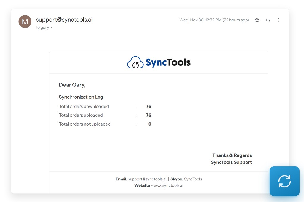 SyncTools support email showing synchronization log with orders downloaded and uploaded, and none left unsynced