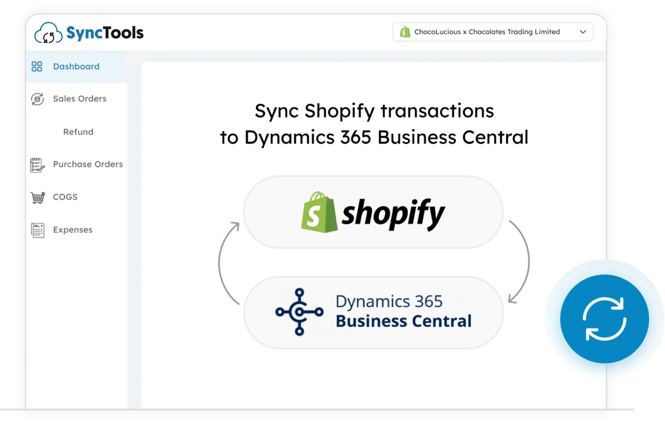 SyncTools interface for syncing Shopify transactions with Microsoft Dynamics 365 Business Central for integrated ecommerce accounting