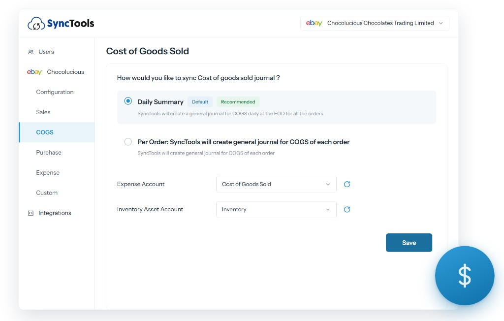 SyncTools dashboard COGS settings for Shopify store with daily summary or per order journal entry and account mapping options