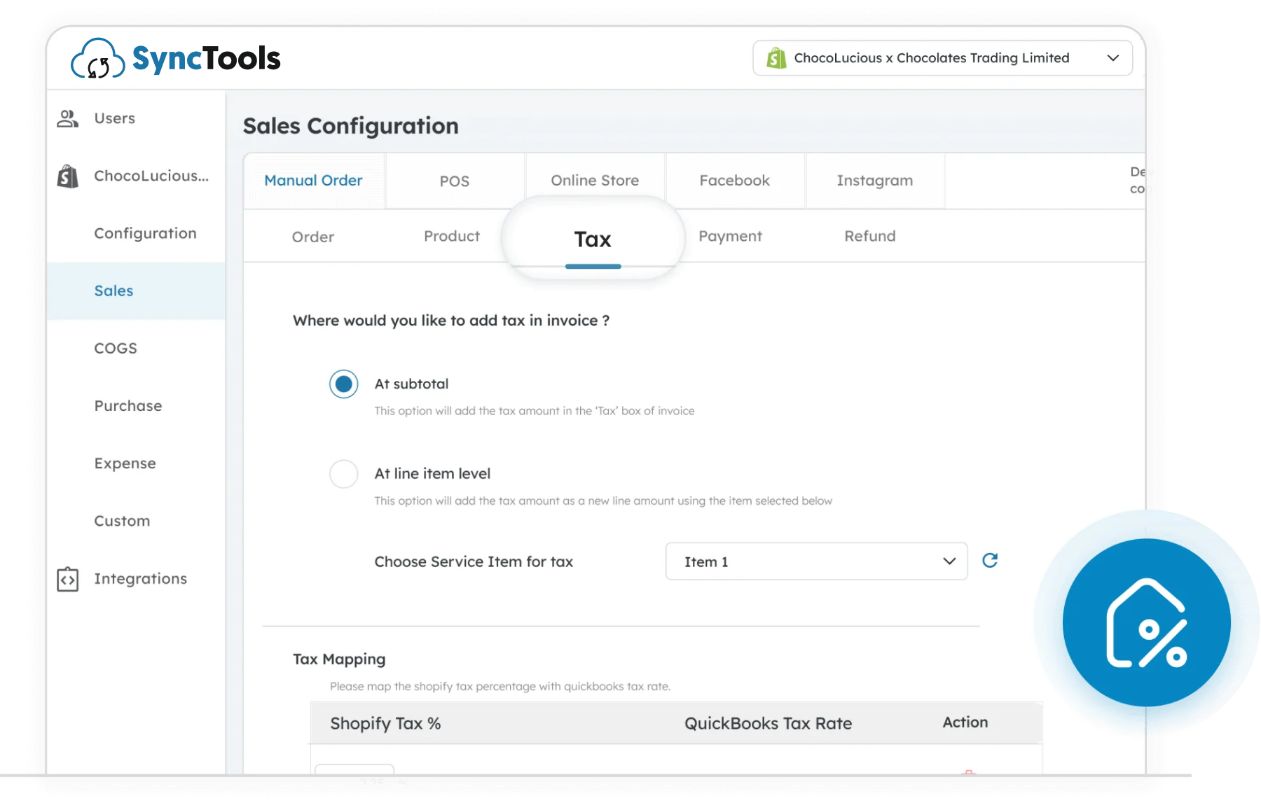 Configure tax settings in SyncTools for Shopify to NetSuite sync with subtotal or line item tax and tax rate mapping options