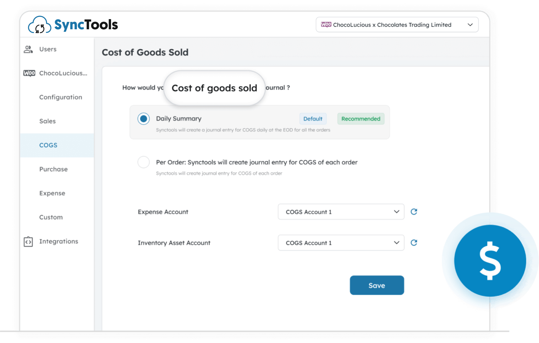 SyncTools cost of goods sold configuration screen showing daily summary and per order journal entry options with account settings