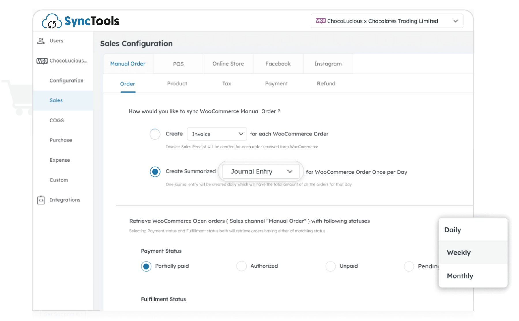SyncTools WooCommerce to Xero settings for syncing manual orders as daily journal entries with payment and fulfillment filters